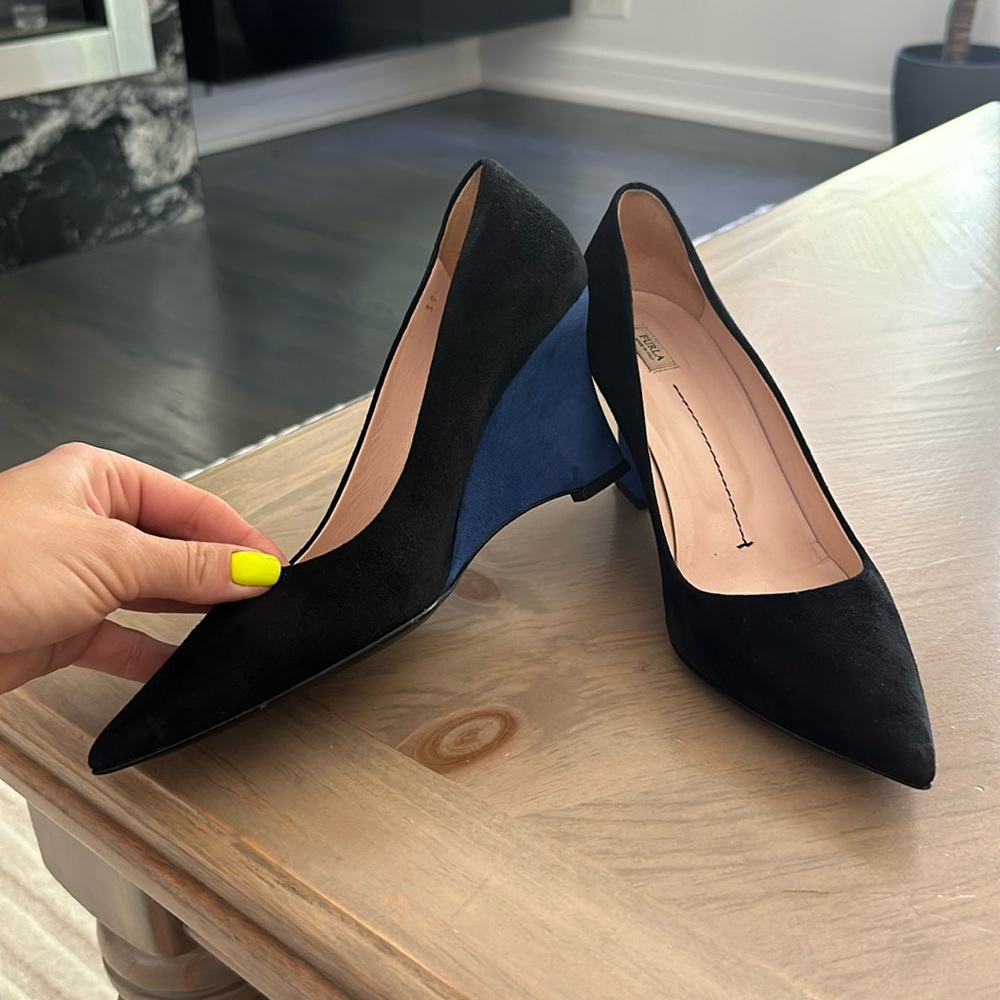 Furla Black with Blue Suede Wedges Sz 39